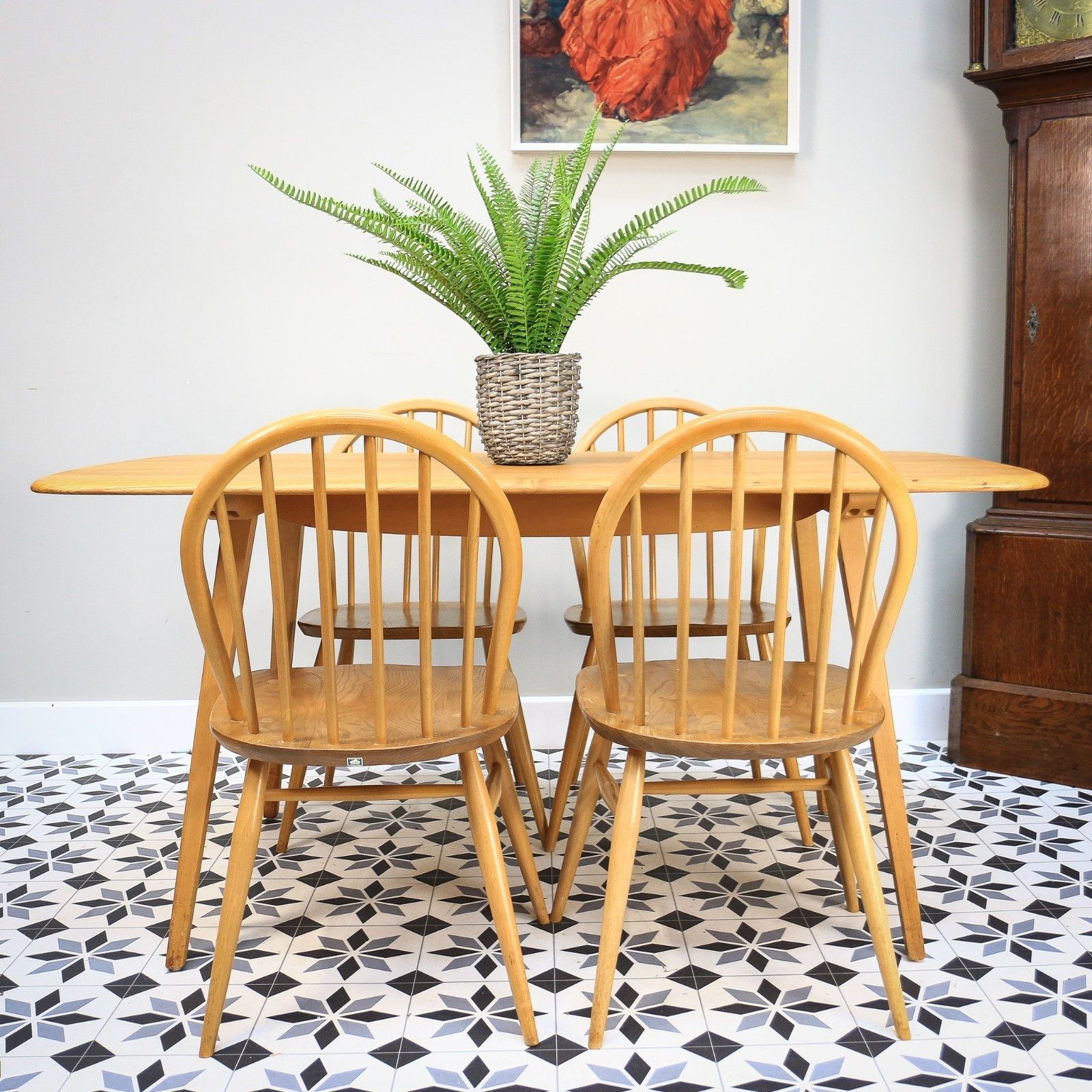 Four Ercol Windsor 370 Dining Chairs With 382 Elm Plank Dining Table photo for sale