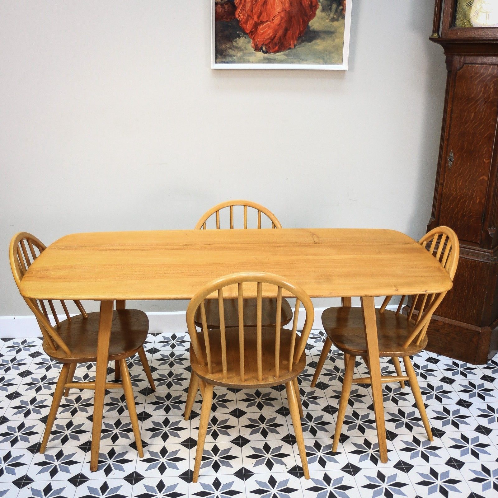 Furniture Four Ercol Windsor 370 Dining Chairs With 382 Elm Plank Dining Table photo