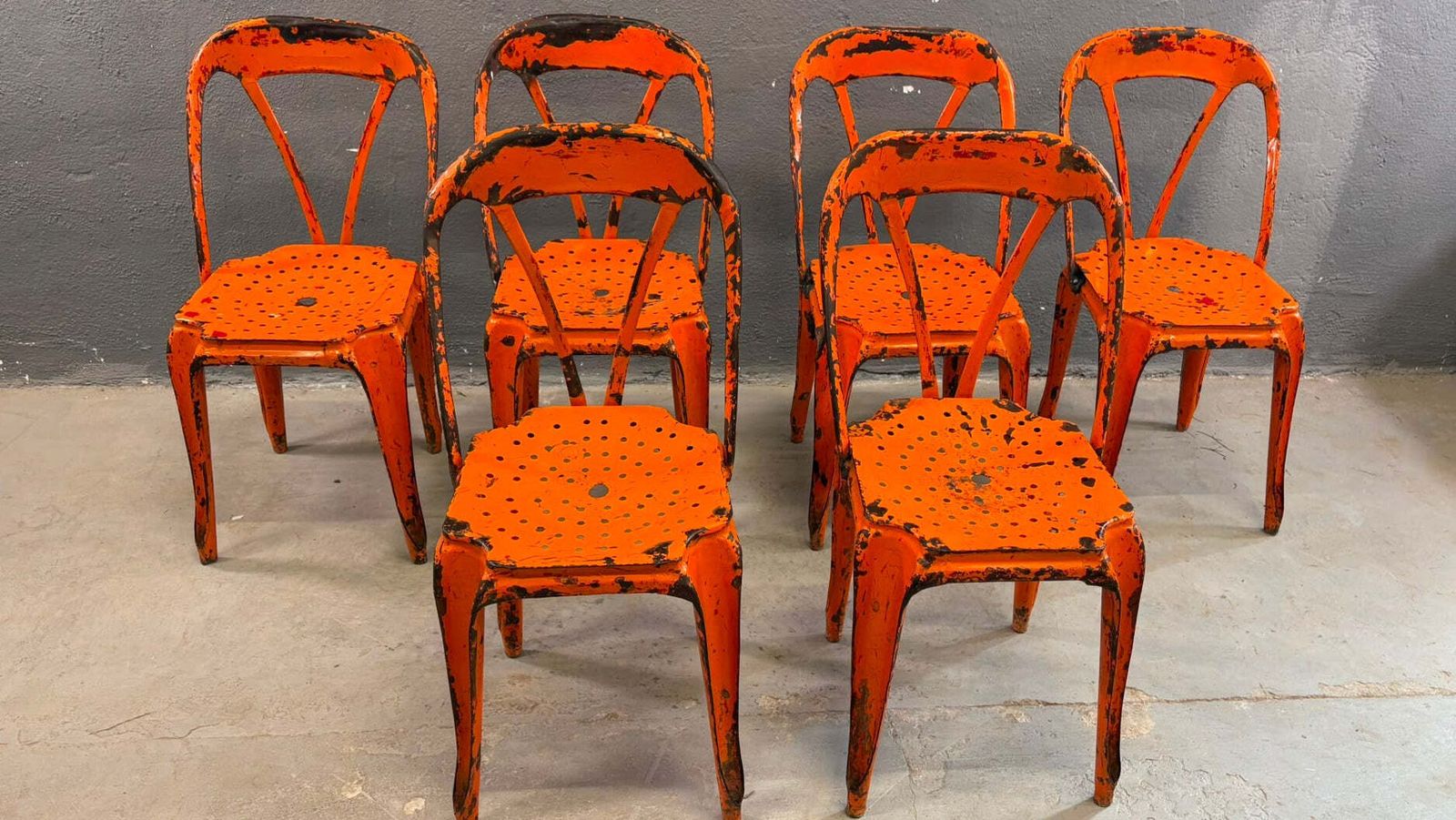 Set van 6 industriële metalen eetkamerstoelen van Joseph Mathieu, gelakt staal, jaren 1920, Frankrijk photo buy