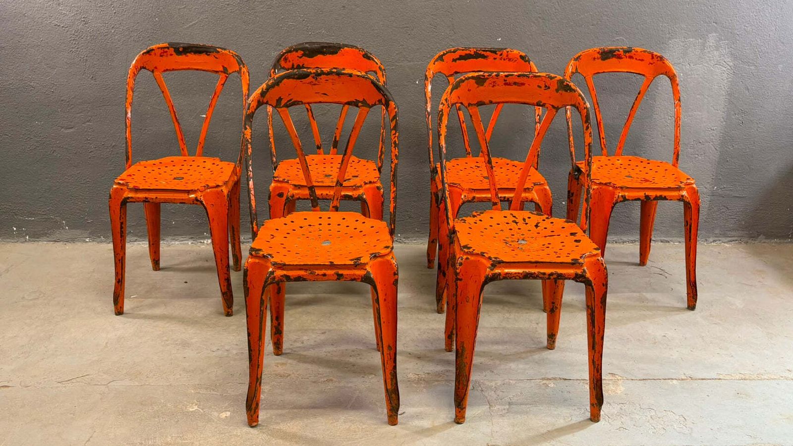 Set van 6 industriële metalen eetkamerstoelen van Joseph Mathieu, gelakt staal, jaren 1920, Frankrijk photo vintage