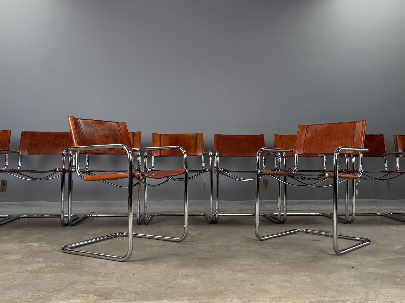 Six 6 Dining Mart Stam Marcel Breuer S34 Set Of 6  Chrome Tan Cognac Brown Leather Cantilever Bauhaus photo furniture