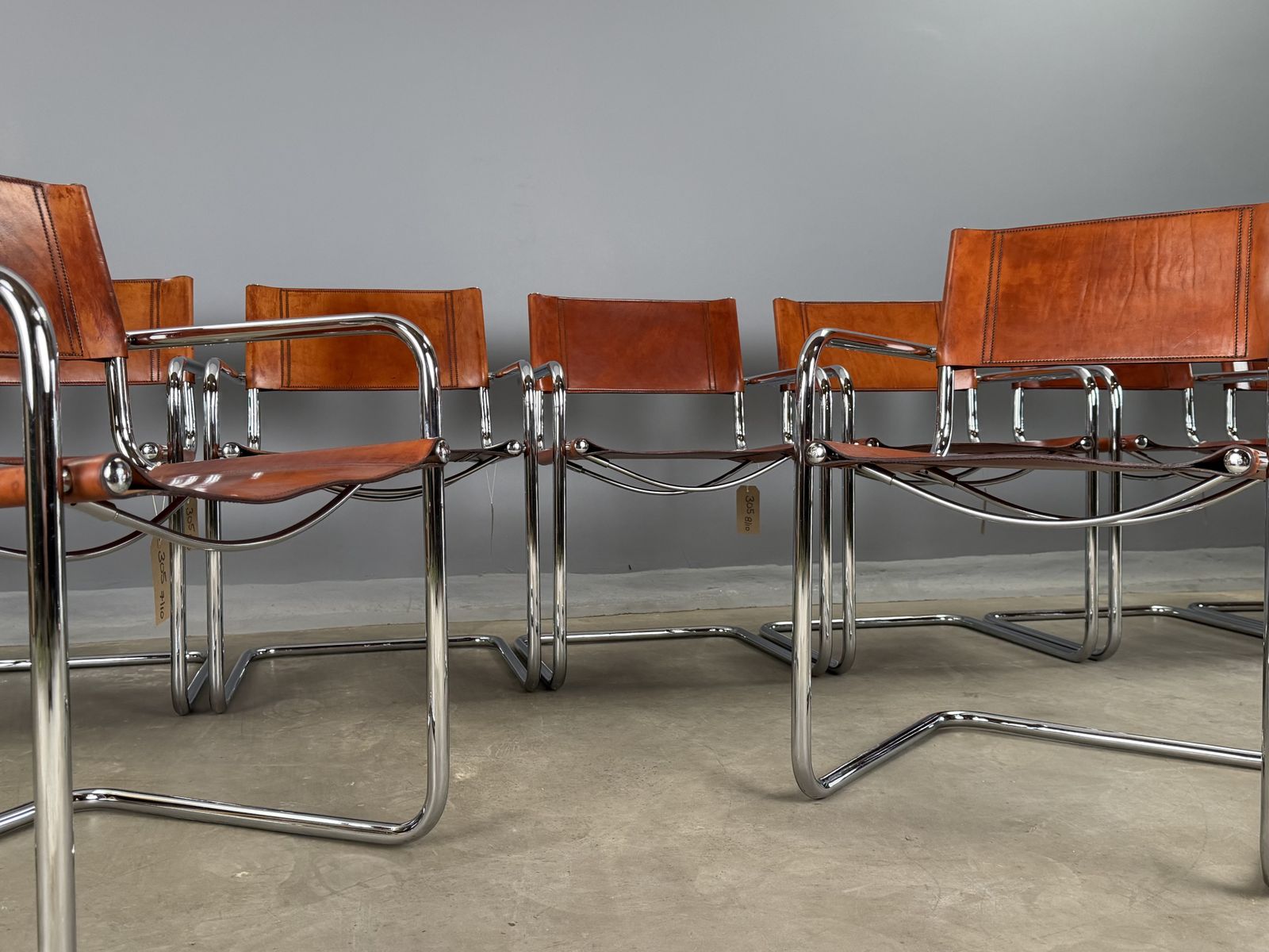 6995.0 Six 6 Dining Mart Stam Marcel Breuer S34 Set Of 6  Chrome Tan Cognac Brown Leather Cantilever Bauhaus photo