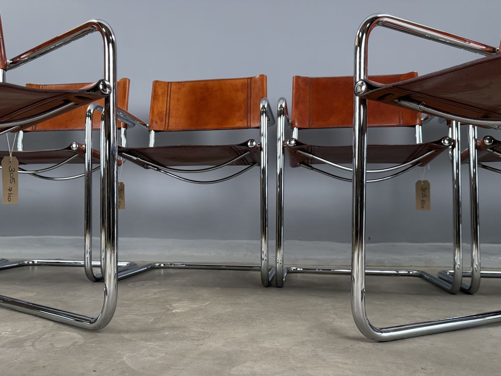 photo vintage Six 6 Dining Mart Stam Marcel Breuer S34 Set Of 6  Chrome Tan Cognac Brown Leather Cantilever Bauhaus