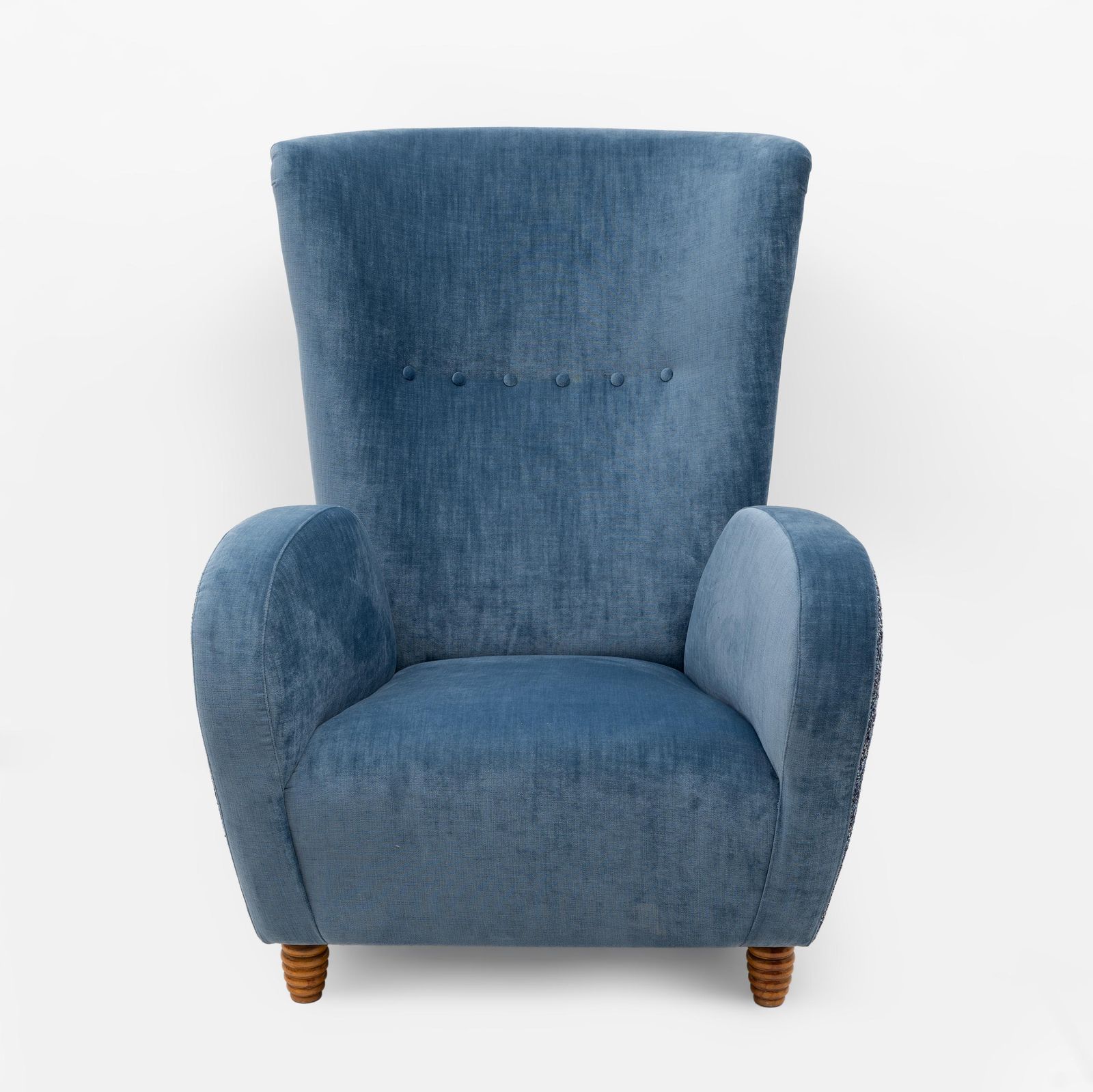 Paar Italiaanse Paolo Buffa fauteuils met hoge rug in blauw fluweel en chenille, jaren 1950 photo vinterior