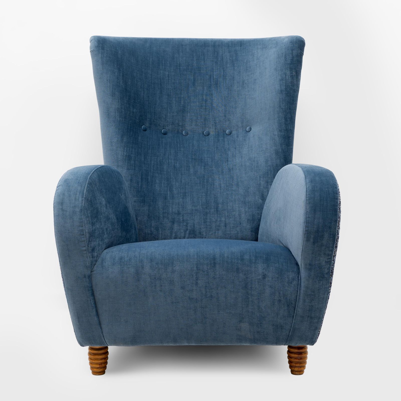 Pair Of Italian Paolo Buffa High Back Armchairs In Blue Velvet And Chenille, 50s photo buy