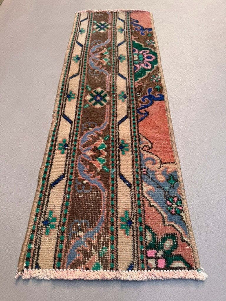 Klein vintage Turks tapijt 36x103 cm, korte loper, mini vloerkleed 2559
