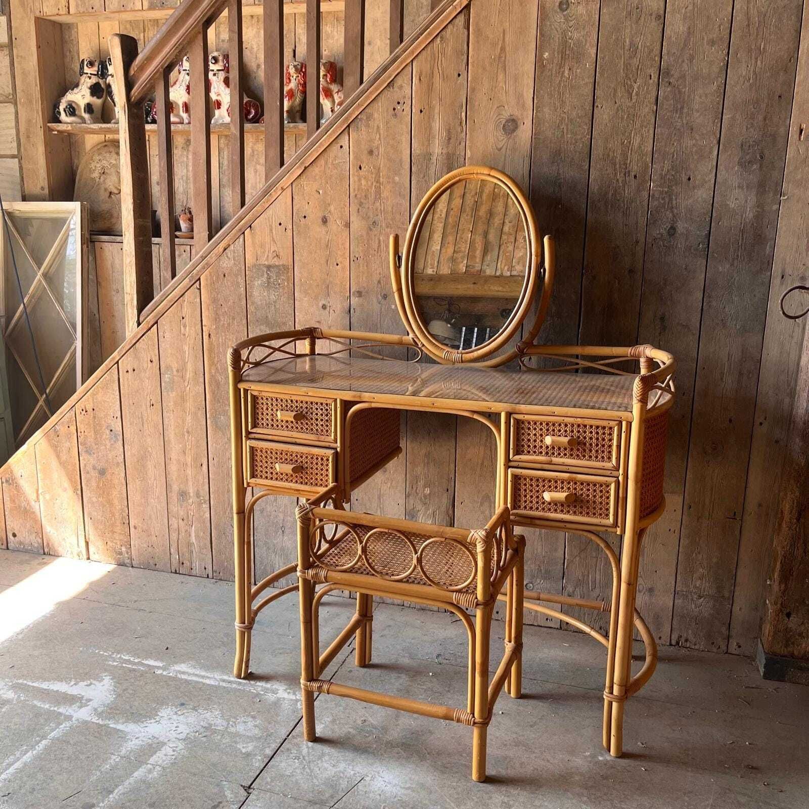 Cane And Bamboo Dressing Table With Oval Mirror With Stool photo furniture
