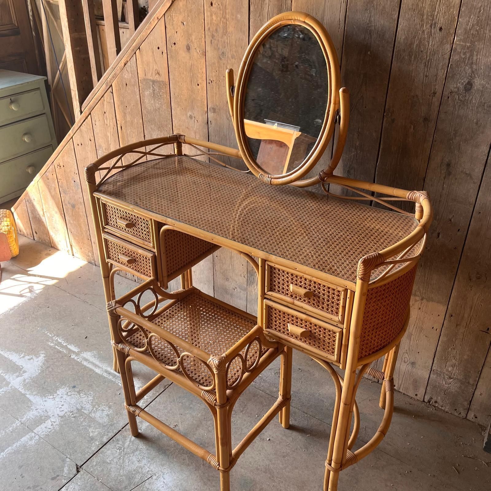 Cane And Bamboo Dressing Table With Oval Mirror With Stool photo Furniture