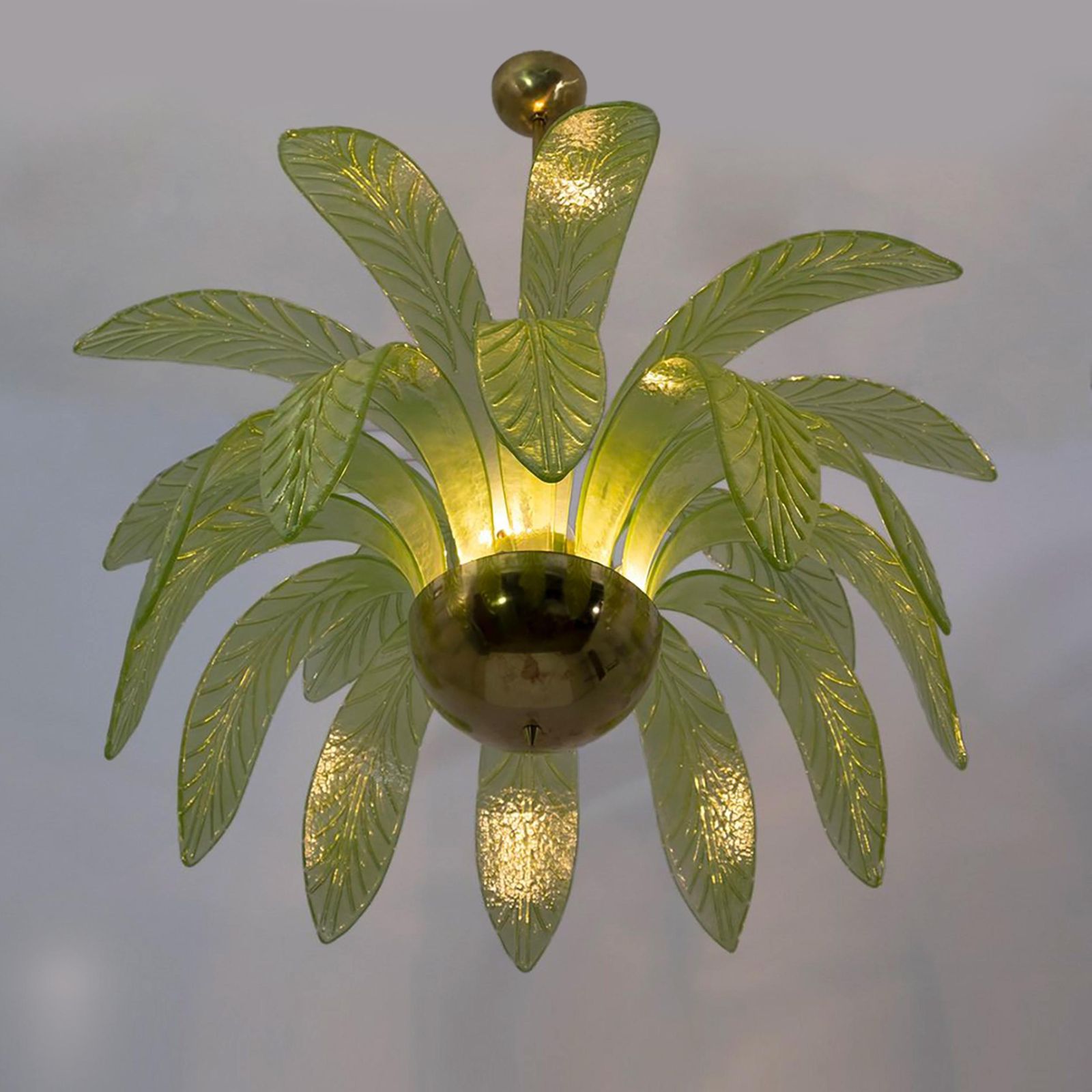 Pair Of Mid Century Modern Palm Leaves Chandelier Murano Glass And Brass photo Lighting