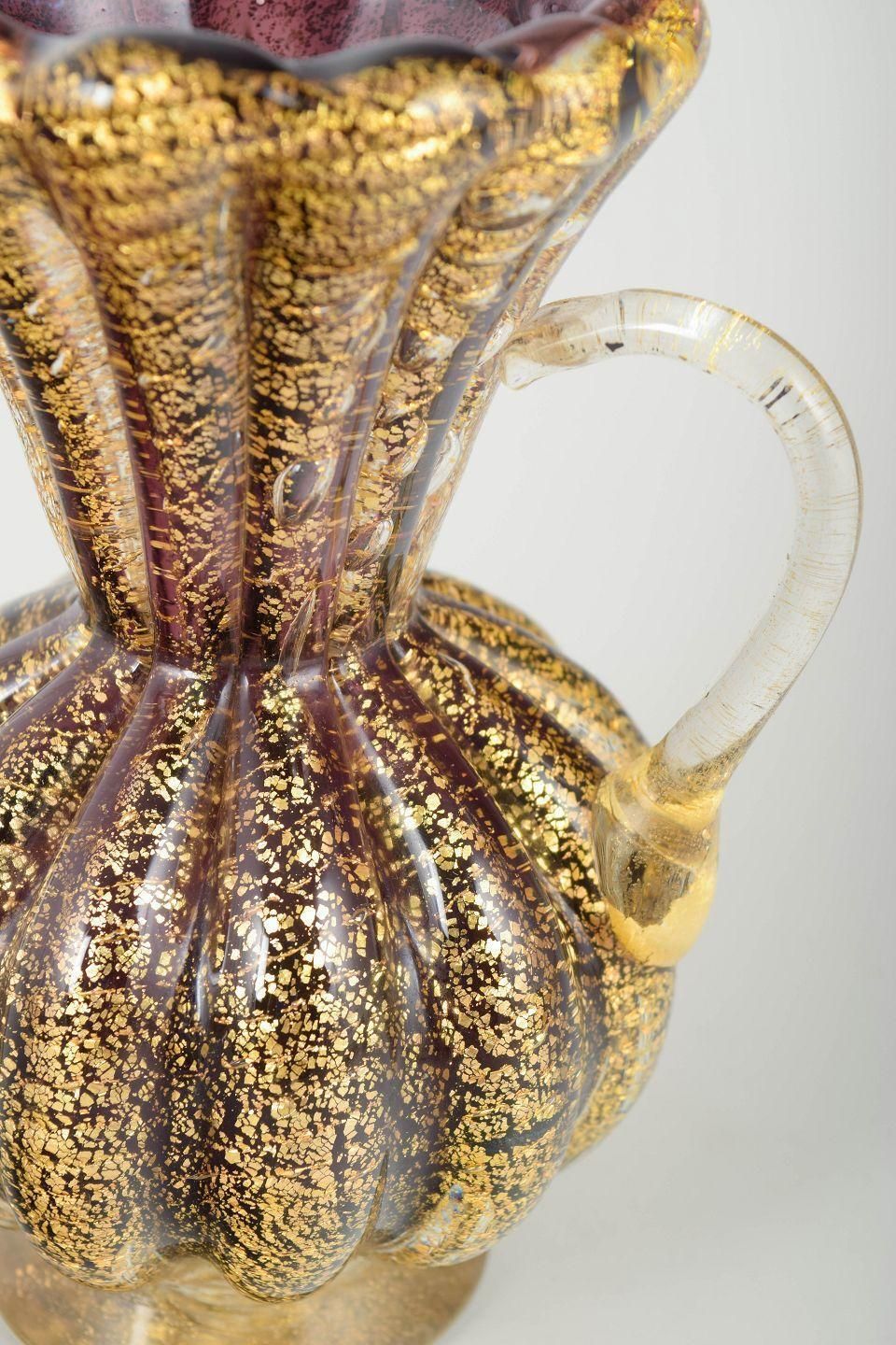 Murano Vase With Ribbed Body, Two Clear Handles And Gold Dust Inclusions. photo for sale
