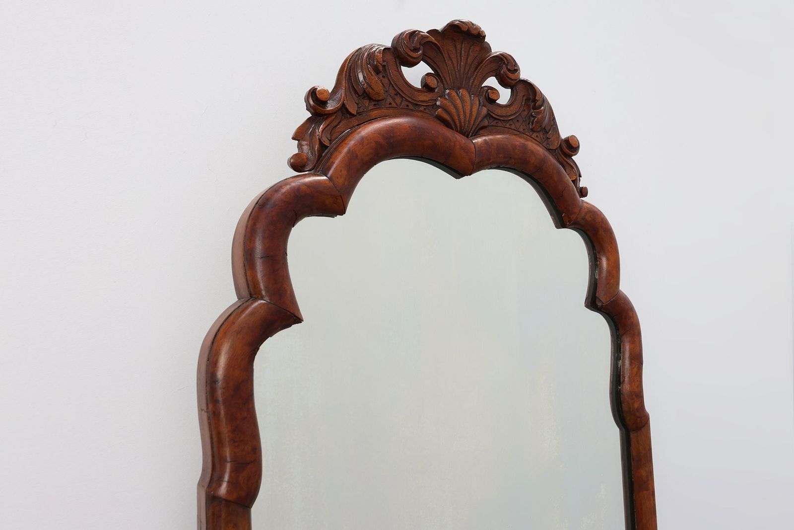 Louis XV Style Root Veneer Mirror With Scalloped Curved Frame And Oister Crest, 1800s photo vinterior