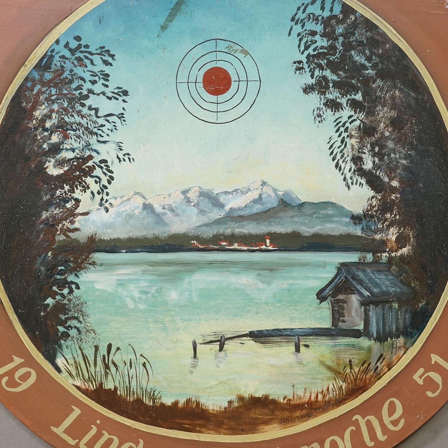 Vintage Honor Shooting Target With Landscape And Lake Painting, Germany 1951 photo Art