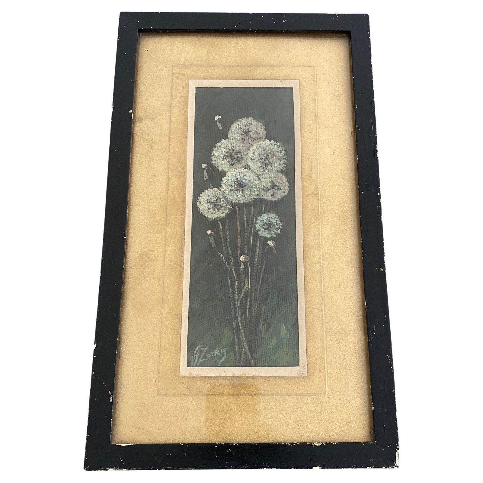 Italian Antique Deco Oil Painting With Dandelion Flowers By Giovanni Zorris