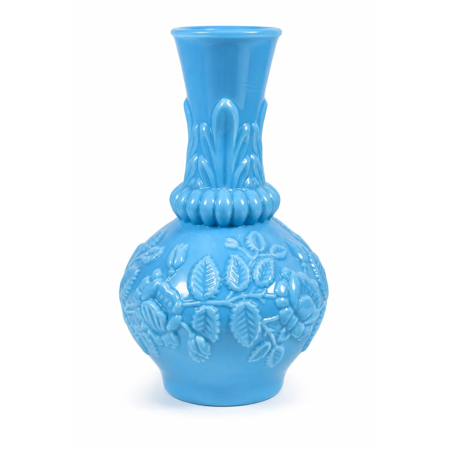 A Pair Of French Blue Opaline Floral Vases Attributed To Portieux–Vallerysthal, France, C. 1890–1915