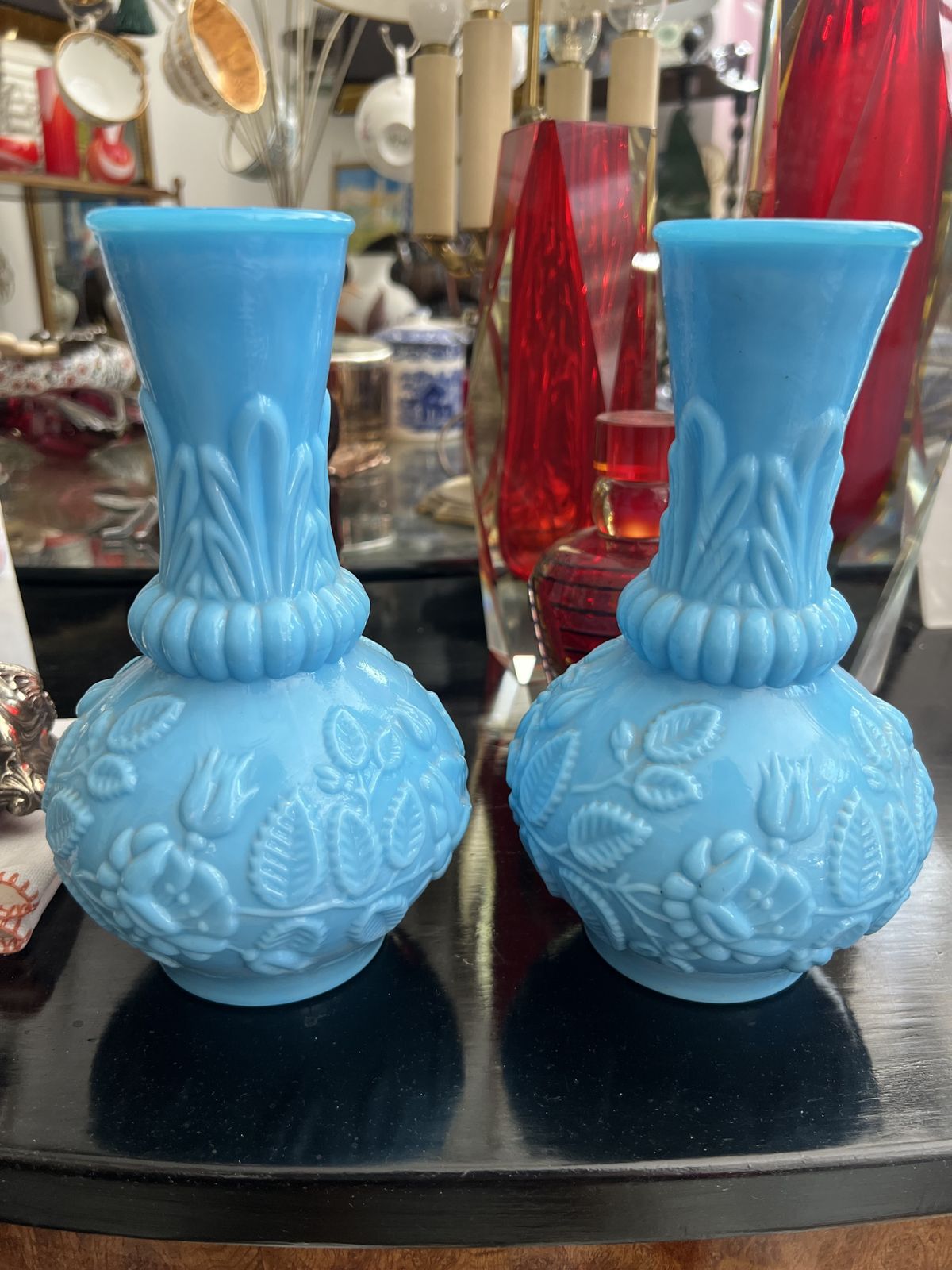 A Pair Of French Blue Opaline Floral Vases Attributed To Portieux–Vallerysthal, France, C. 1890–1915 photo vinterior