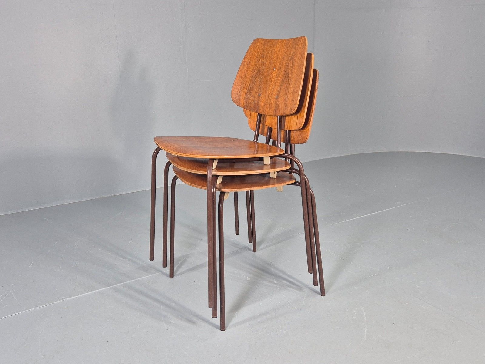 Furniture 3 Vintage Danish Stacking Chairs Industrial Design Steel Teak Retro 60s Eb12491 photo