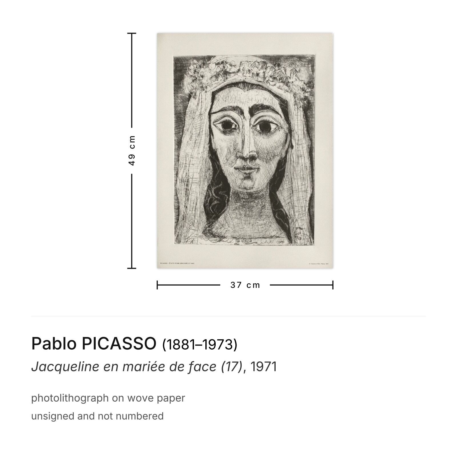 Pablo Picasso Lithografie Jacqueline En Mariée De Face (17) 1971 photo furniture