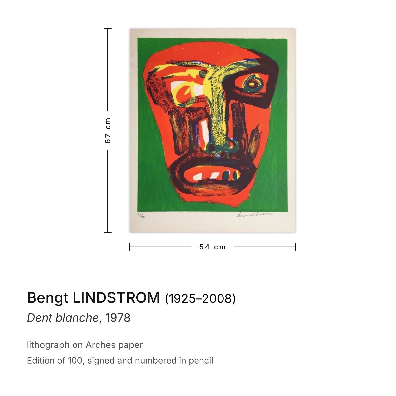 Bengt Lindstrom Gesigneerde Lithografie Dent Blanche 1978 photo furniture