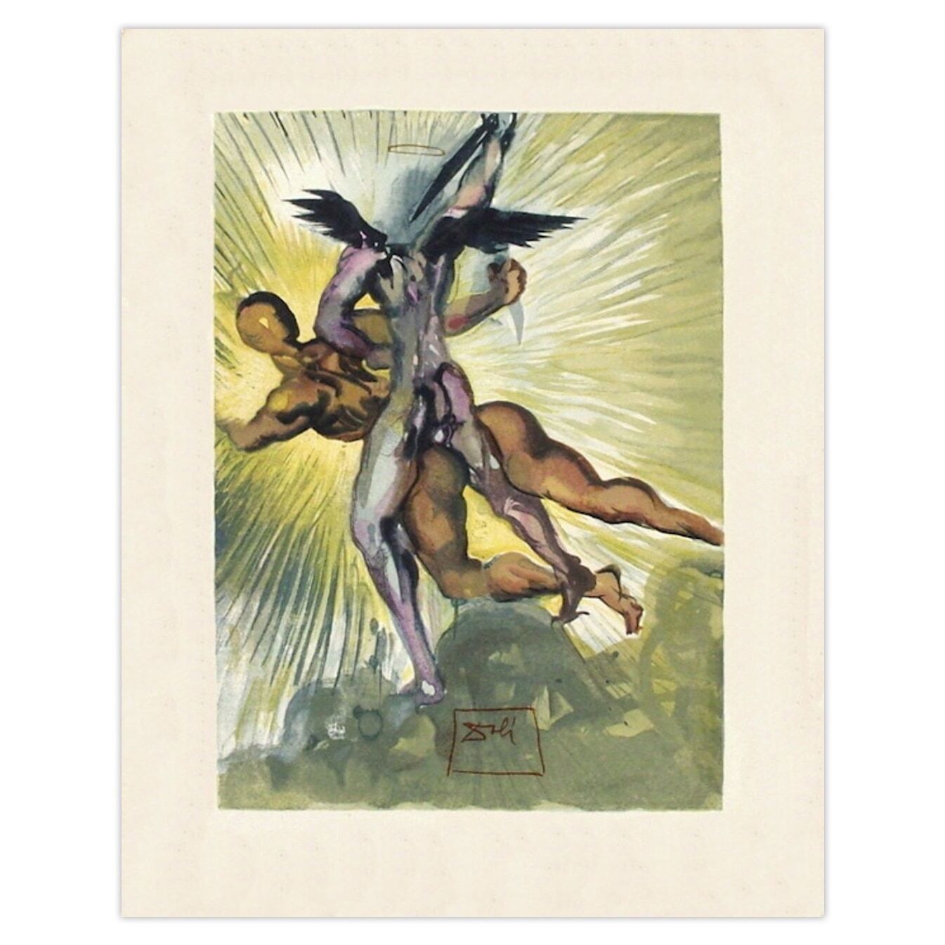 Salvador Dali Woodcut Divine Comédie Purgatoire 08   Les Anges Gardiens De La Vallée 1960