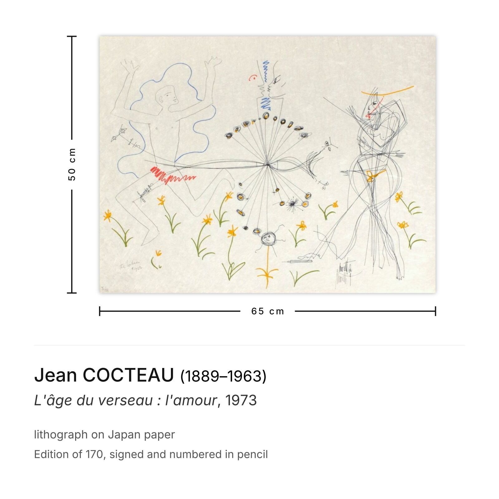 Jean Cocteau Gesigneerde Lithografie L'âge Du Verseau : L'amour 1973 photo furniture