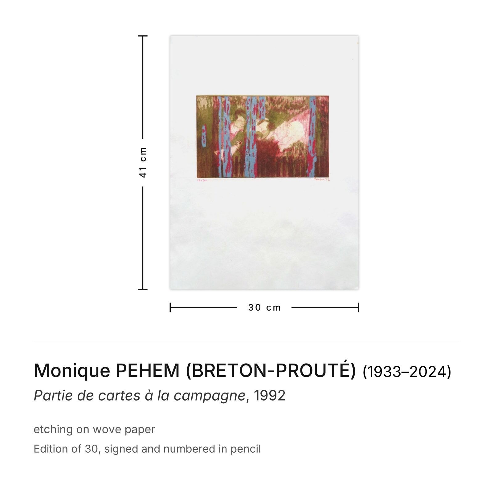 Monique Pehem (Breton Prouté) Signed Etching Partie De Cartes à La Campagne 1992 photo furniture