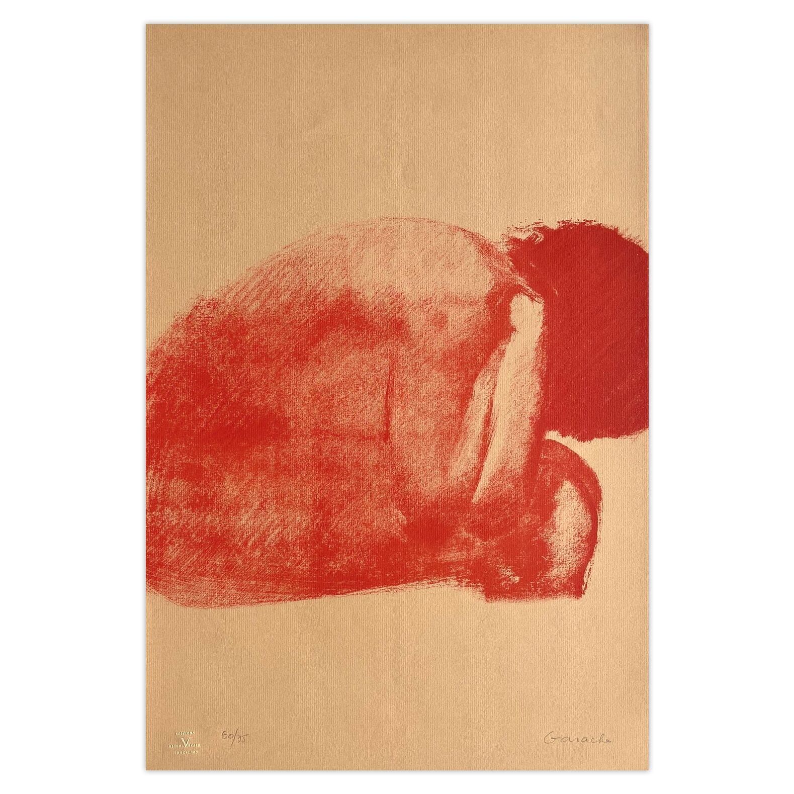 Claude Garache Gesigneerde Lithografie Nu Rouge Assis 1981
