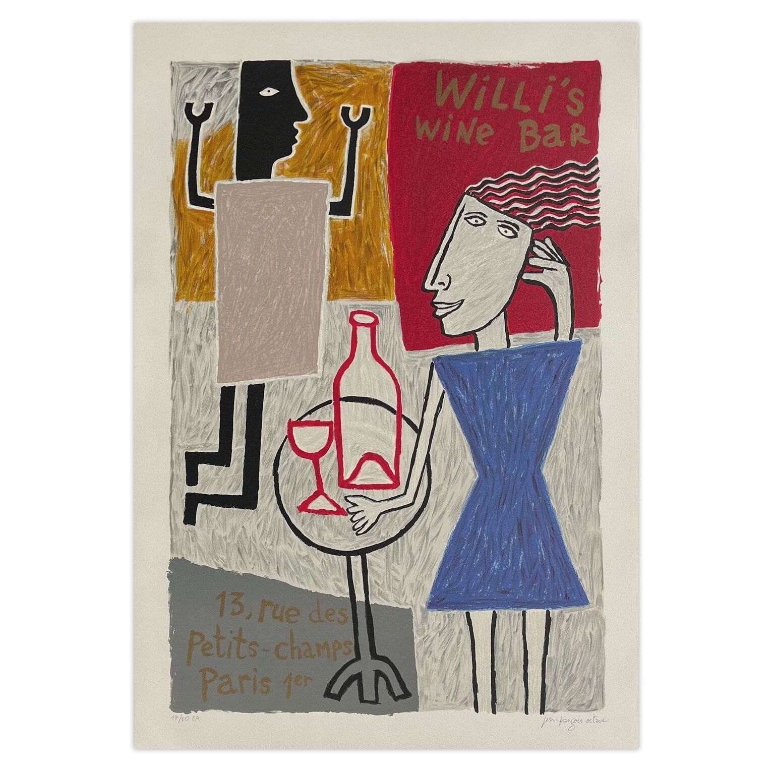 Willi's Wine Bar Gesigneerde Lithografie 1987 Octave Jean François