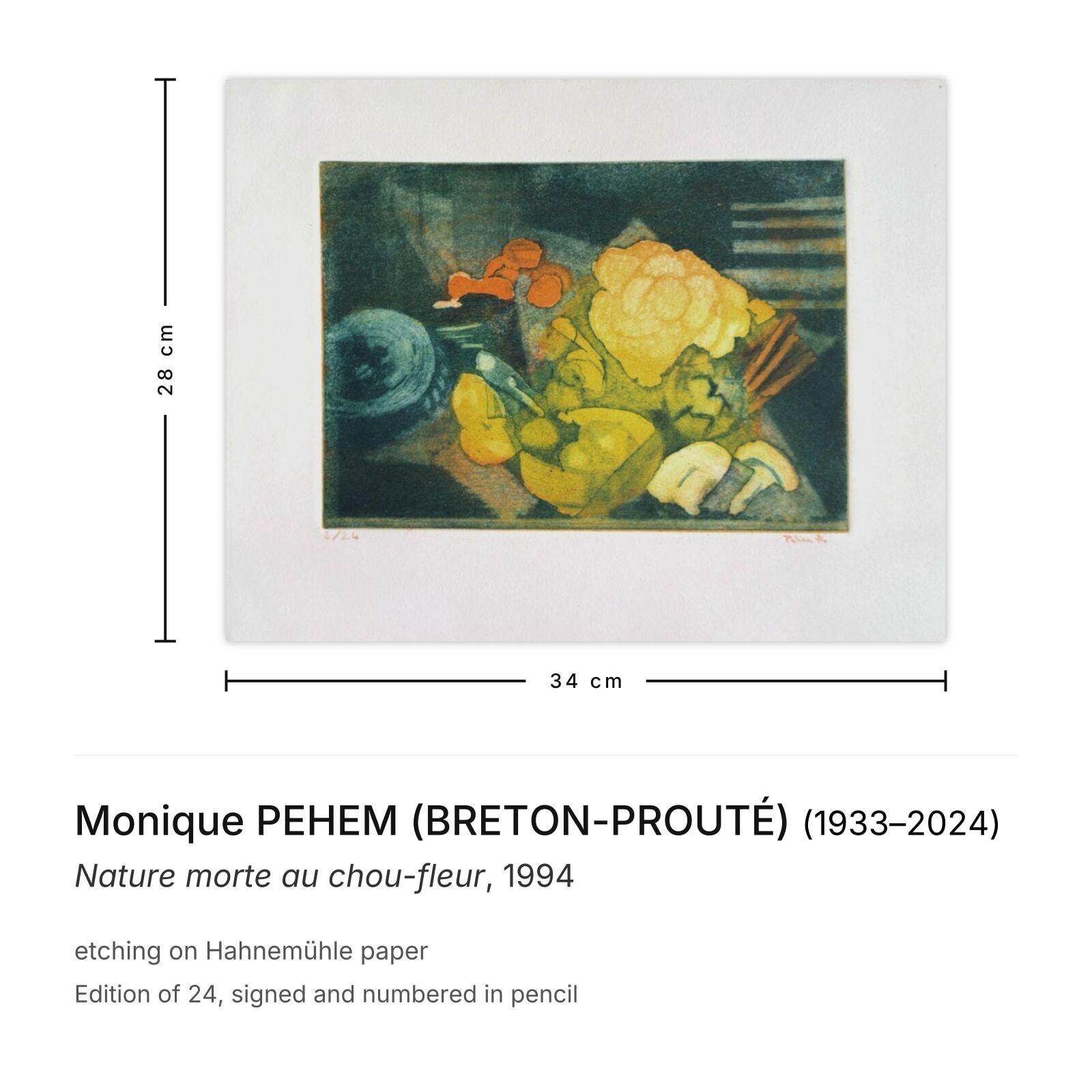 Monique Pehem (Breton Prouté), gesigneerde ets, Nature Morte Au Chou Fleur, 1994 photo furniture