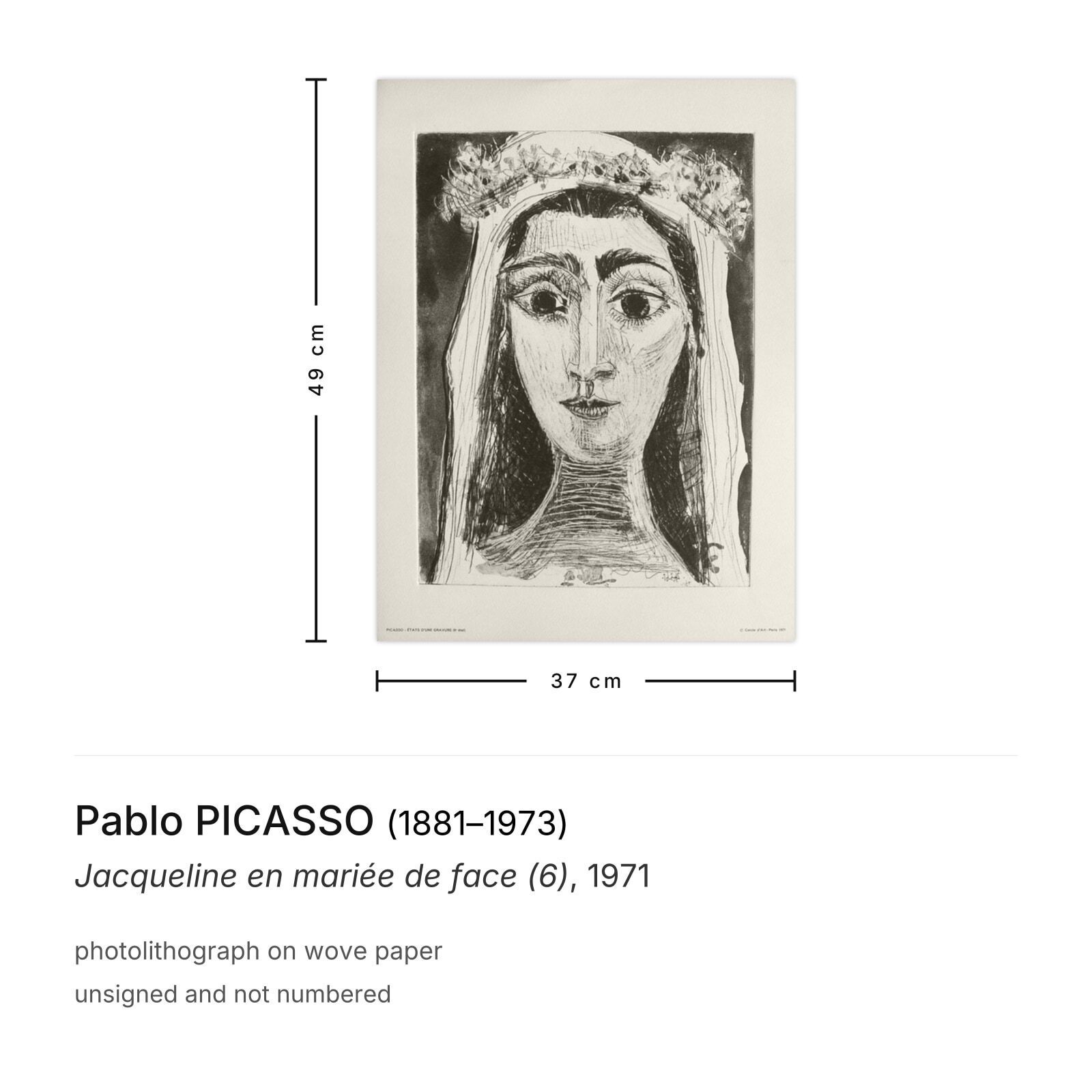 Pablo Picasso Lithograph Jacqueline En Mariée De Face (6) 1971 photo furniture