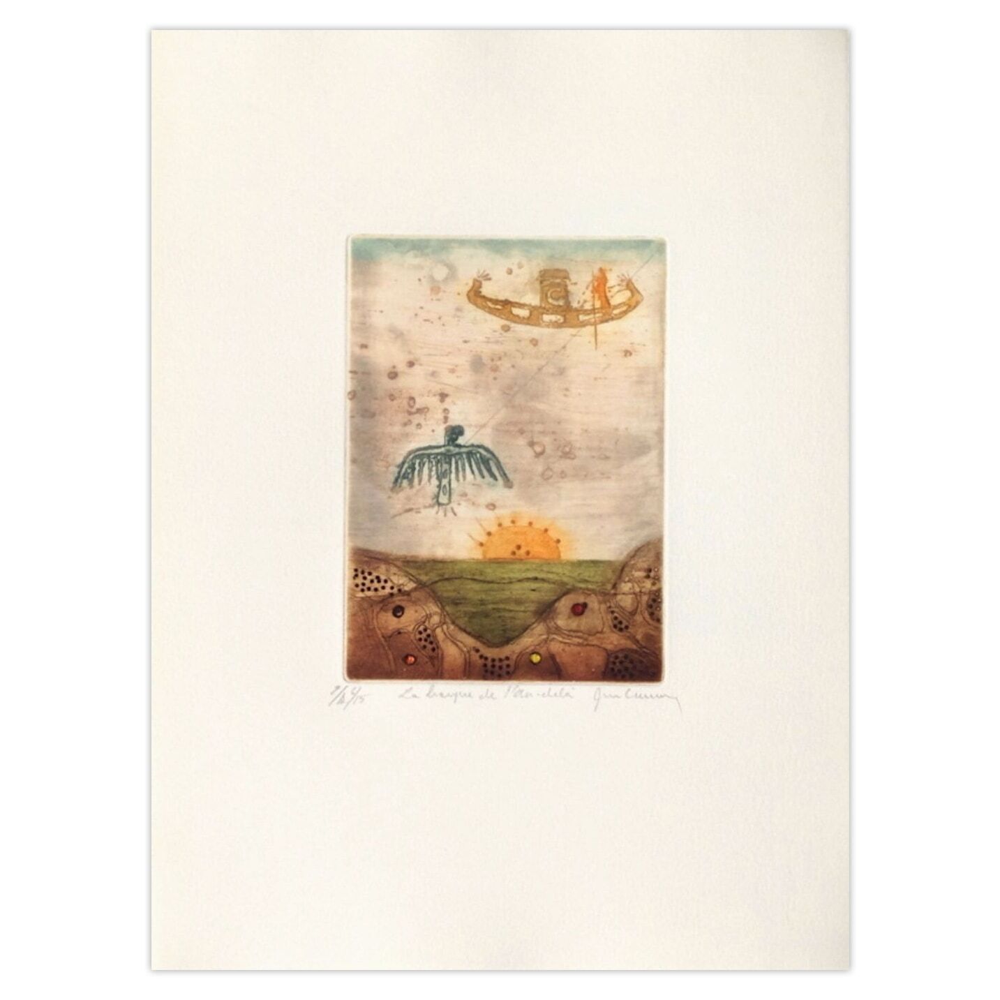 René Carcan Gesigneerde Ets Voyage Au Delà De La Terre II 1988