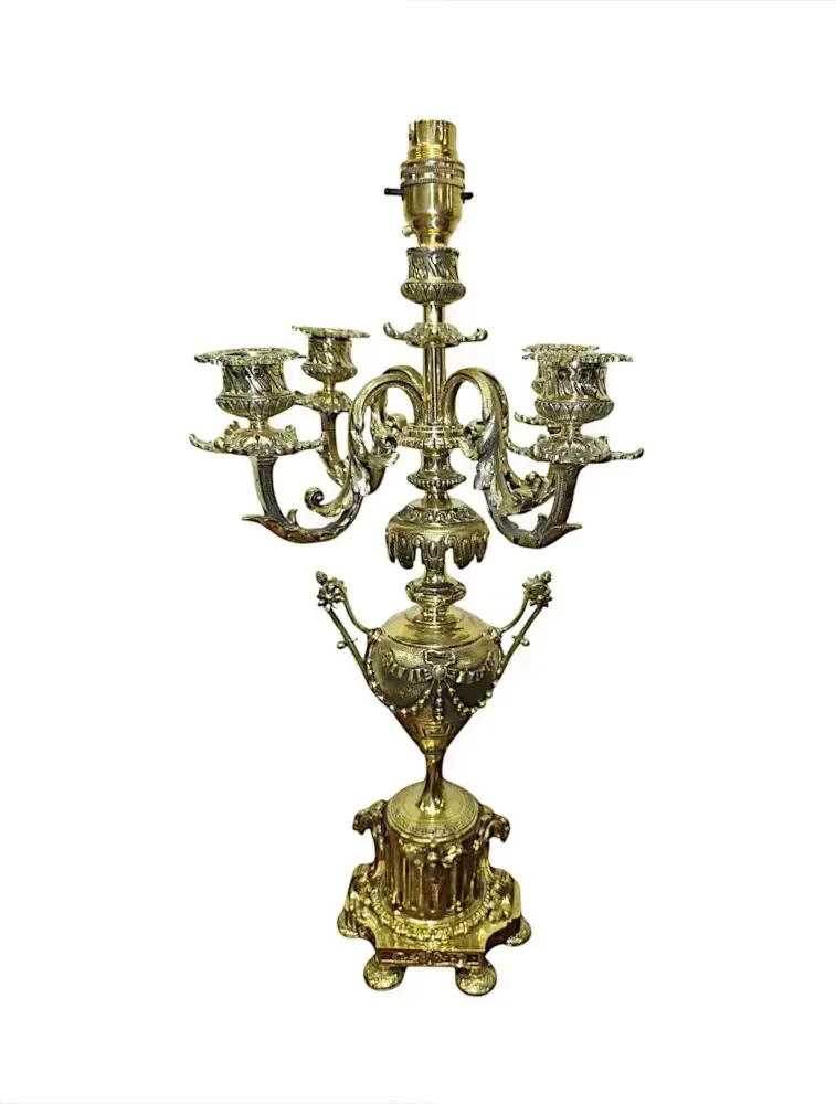 A Stunning Pair Of 19th Century Brass Candelabra Converted To Table Lamps photo for sale