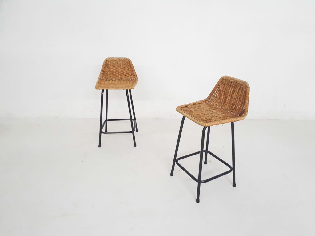 Set Of Two Rohe Noordwolde Rattan And Metal Bar Stools, The Netherlands 1950's photo furniture