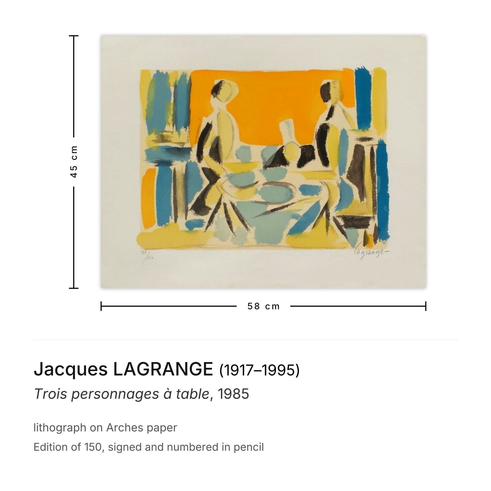 Jacques Lagrange Gesigneerde Lithografie Trois Personnages à Table 1985 photo furniture