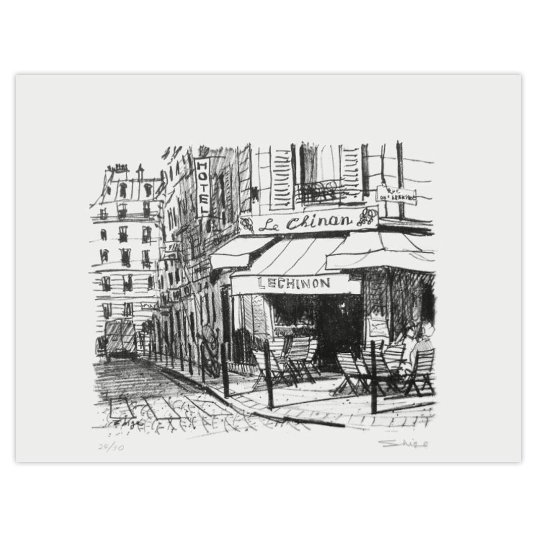 Shige Gesigneerde Lithografie Paris   Café Le Chinon Rue De L'arbre Sec 1990
