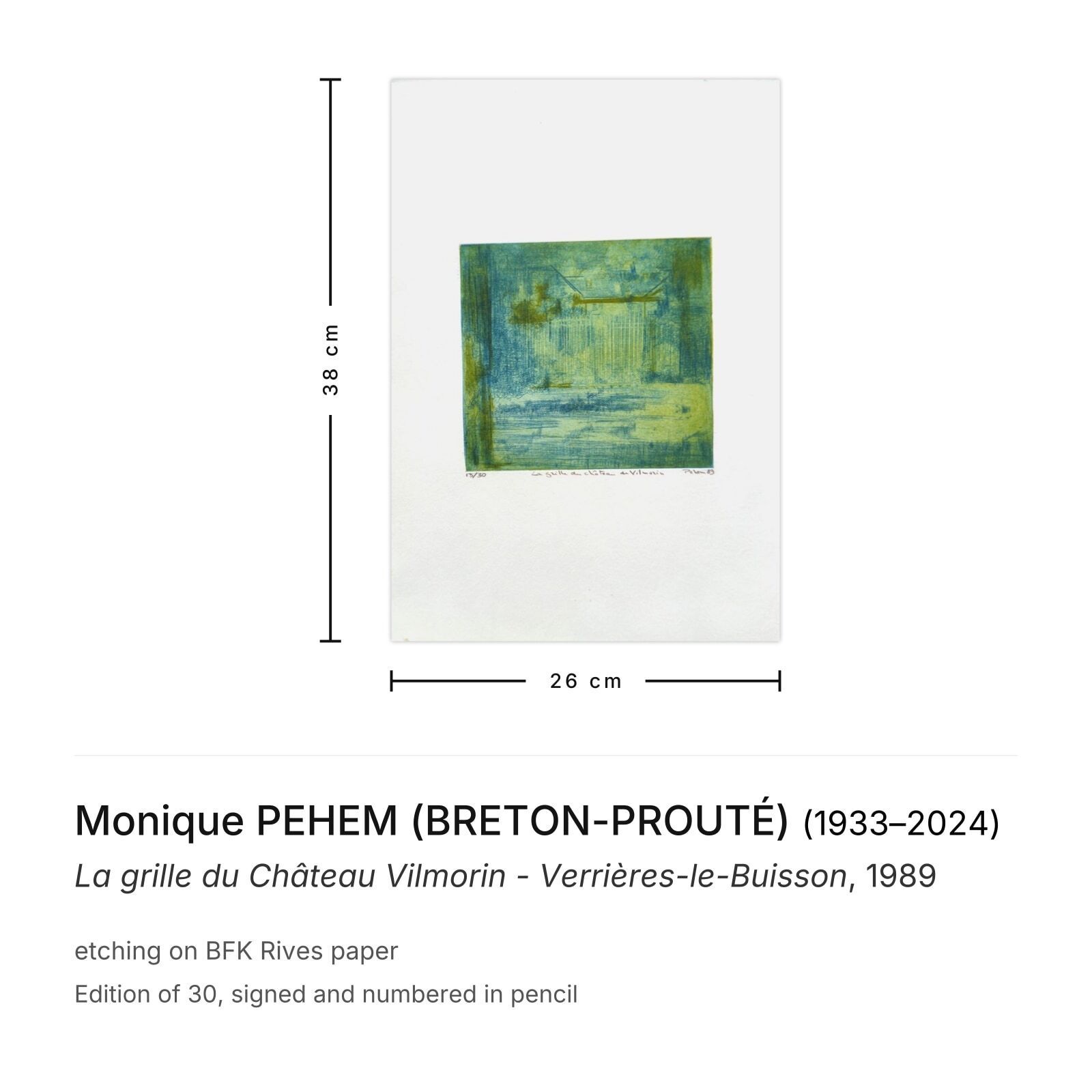 Monique Pehem (Breton Prouté) Gesigneerde Ets La Grille Du Château Vilmorin 1989 photo furniture