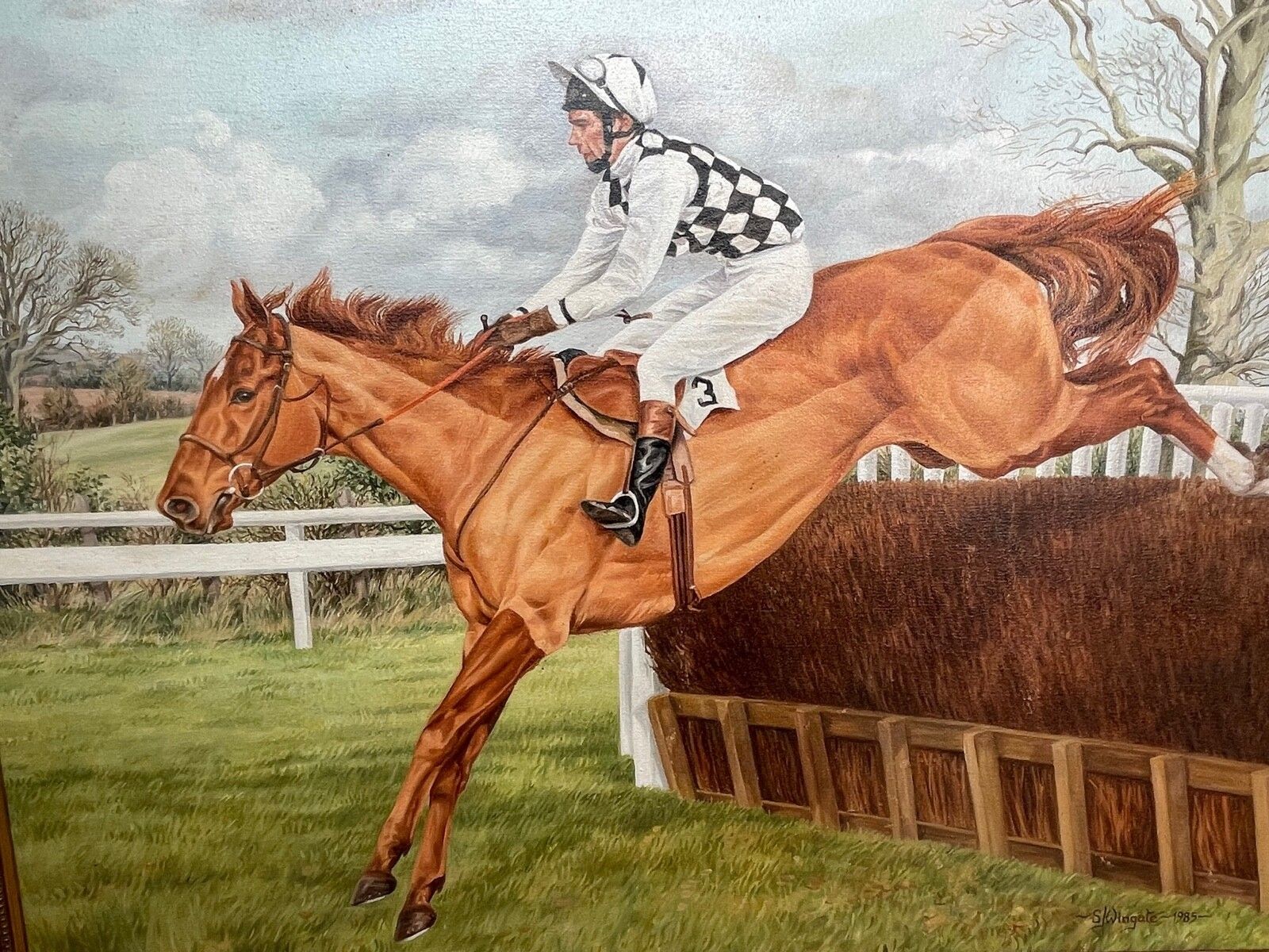 Rca Equestrian Oil Painting Londolozi Horse Racing Jumping Fence Signed By Sue Wingate photo for sale