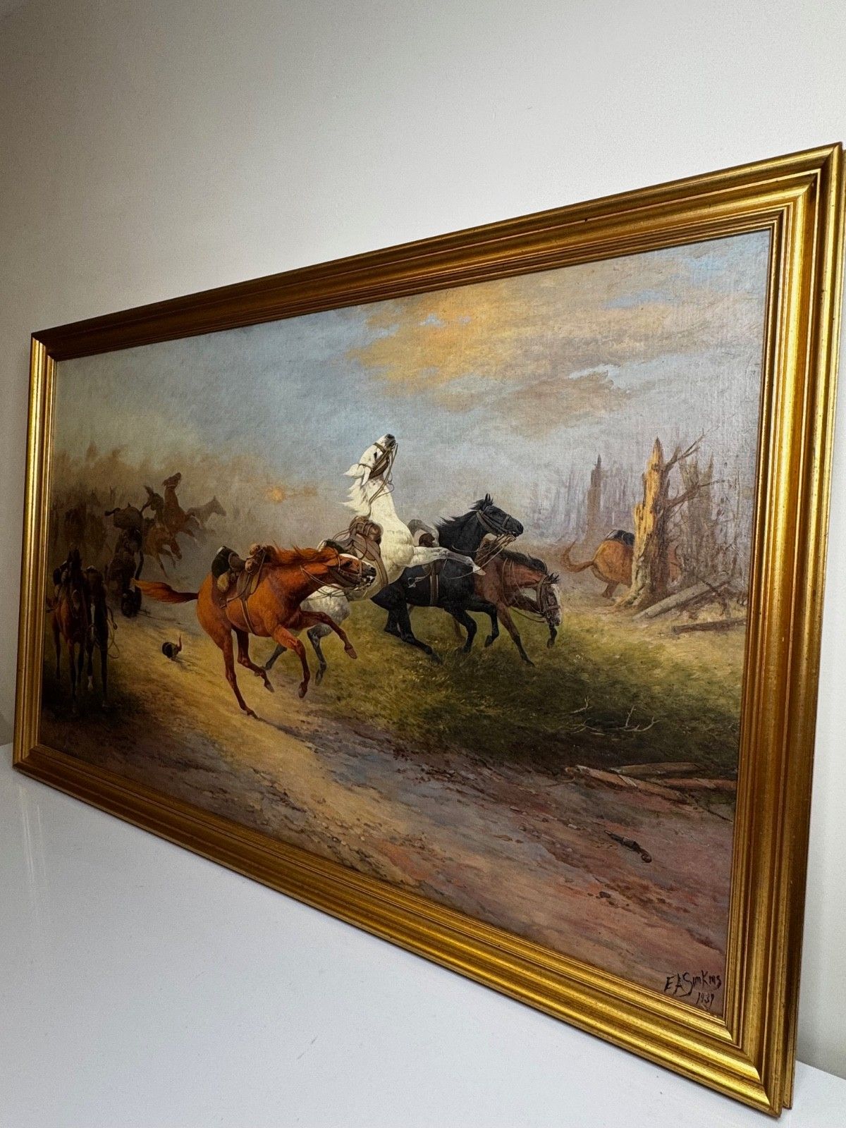 WW1 Slag bij Charleroi Grote Terugtocht Olieverfchilderij Op Hol Geslagen Paarden Gesigneerd door Edith Alice Simkins photo 9000.0