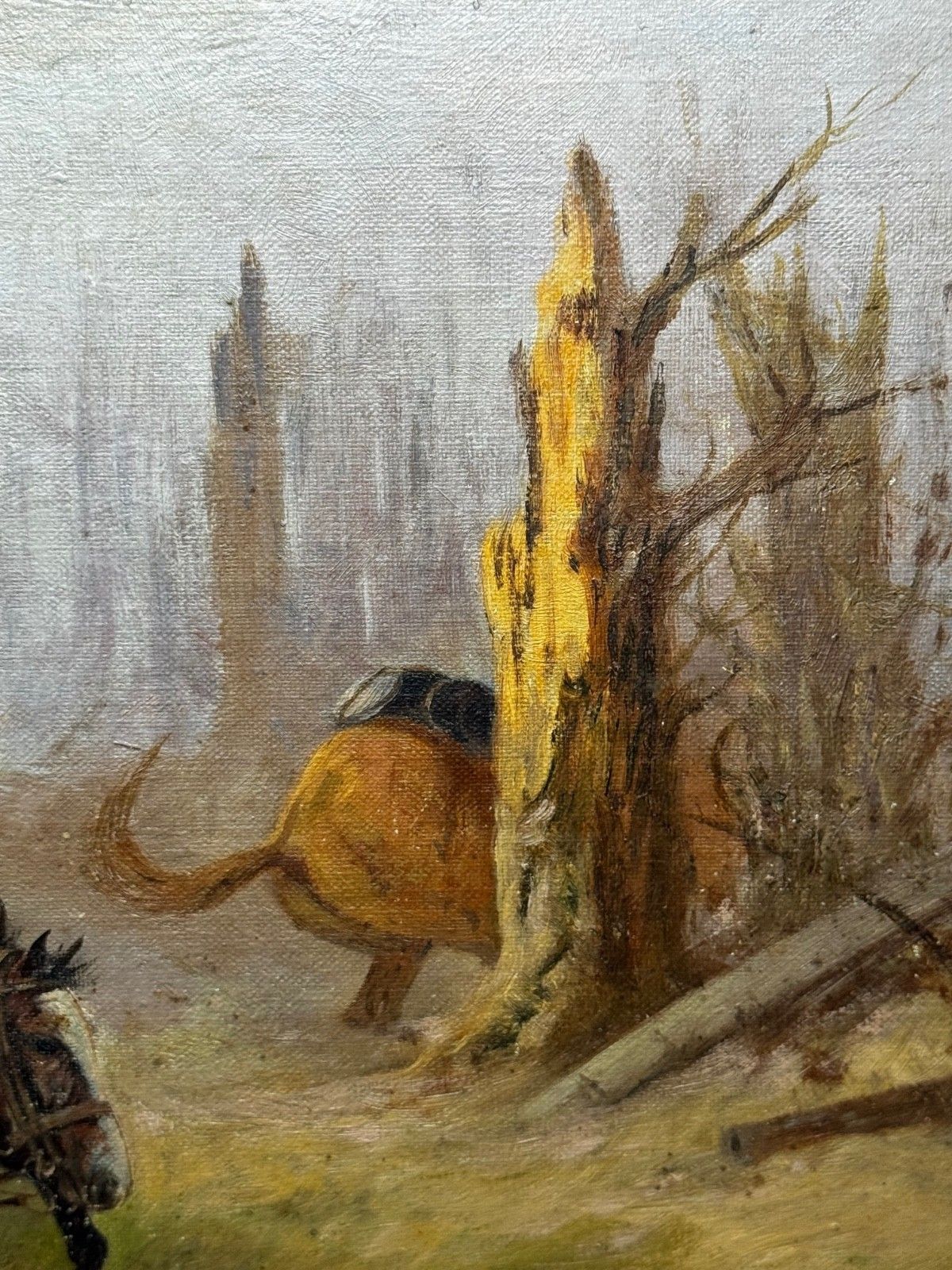 photo furniture WW1 Slag bij Charleroi Grote Terugtocht Olieverfchilderij Op Hol Geslagen Paarden Gesigneerd door Edith Alice Simkins