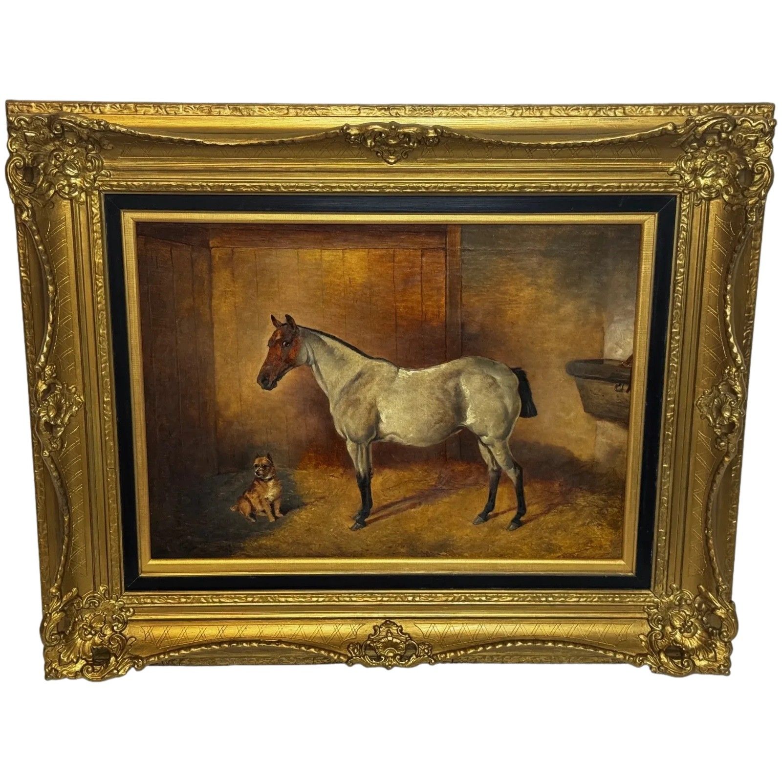 Victorian  Equestrian Oil Painting Portrait  Strawberry Roan Hunter Horse In Stable With Terrier Circle Of Edwin Frederick Holt