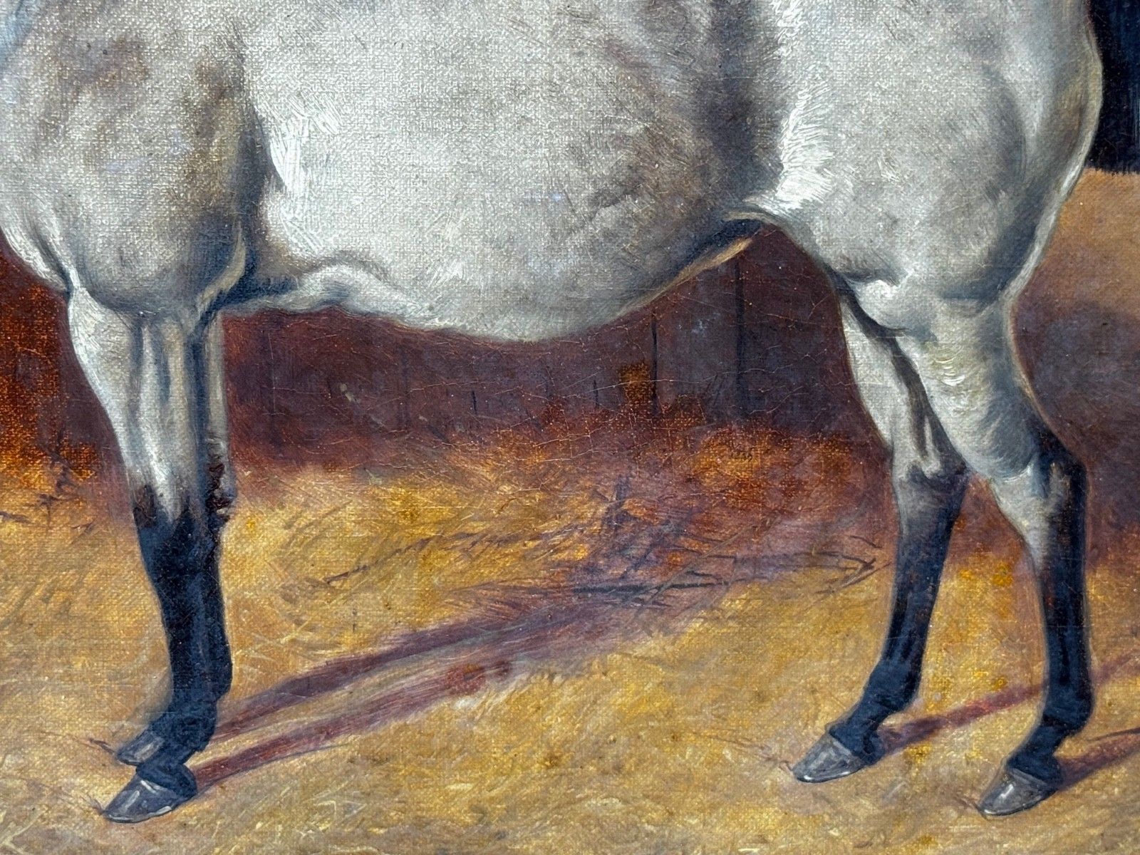 Art Victorian  Equestrian Oil Painting Portrait  Strawberry Roan Hunter Horse In Stable With Terrier Circle Of Edwin Frederick Holt photo