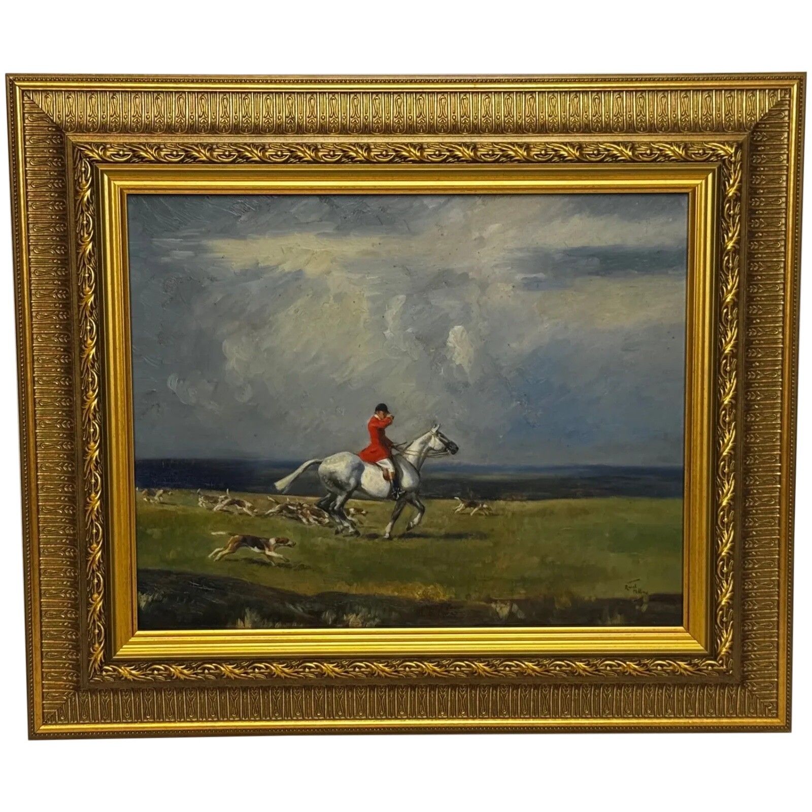 Ruiterij-olieverfchilderij De Grijze Hengst - Sussex Hunt, gesigneerd door Hesketh Raoul Lejarderay Millais