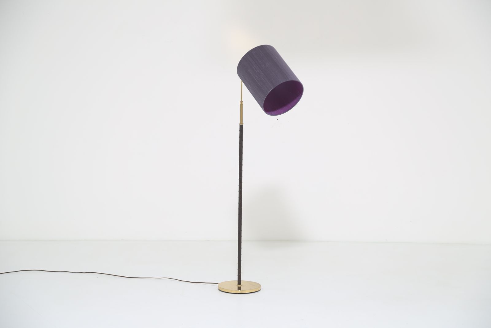 Vintage Brass And Black Leather Adjustable Gooseneck Floor Lamp, Mae, 1960s.