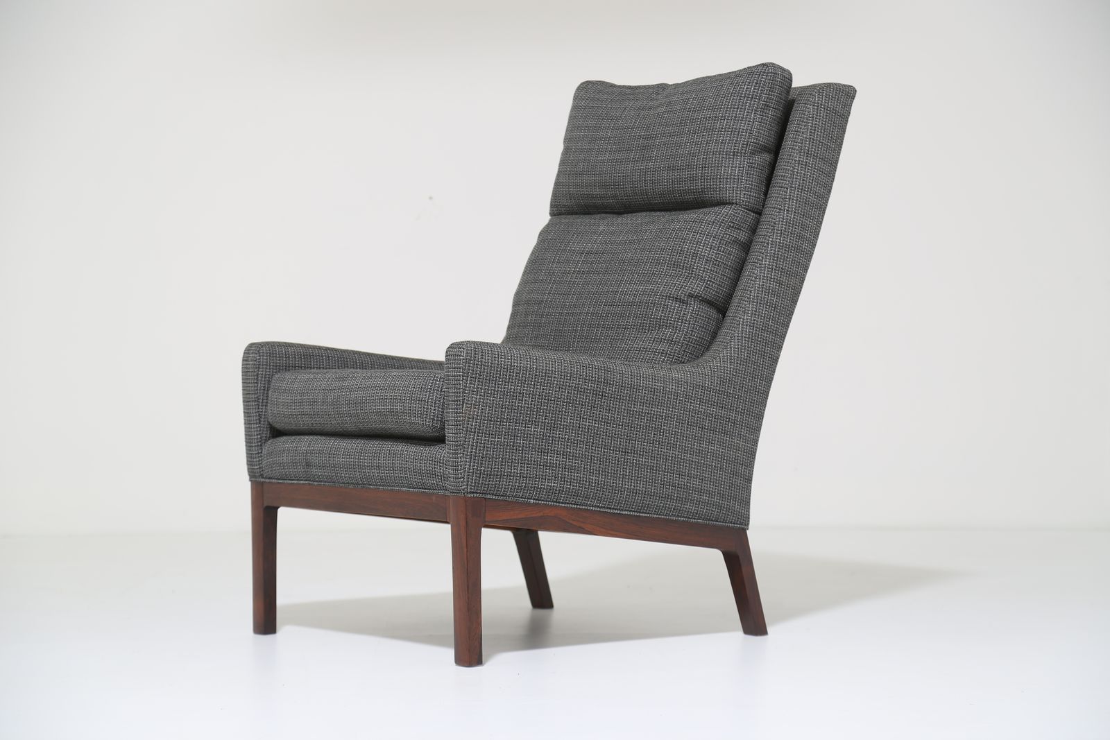 Vintage Danish High Back Lounge Chair In Rosewood & Grey Tweed By Kai Lyngfeldt Larsen, 1960s