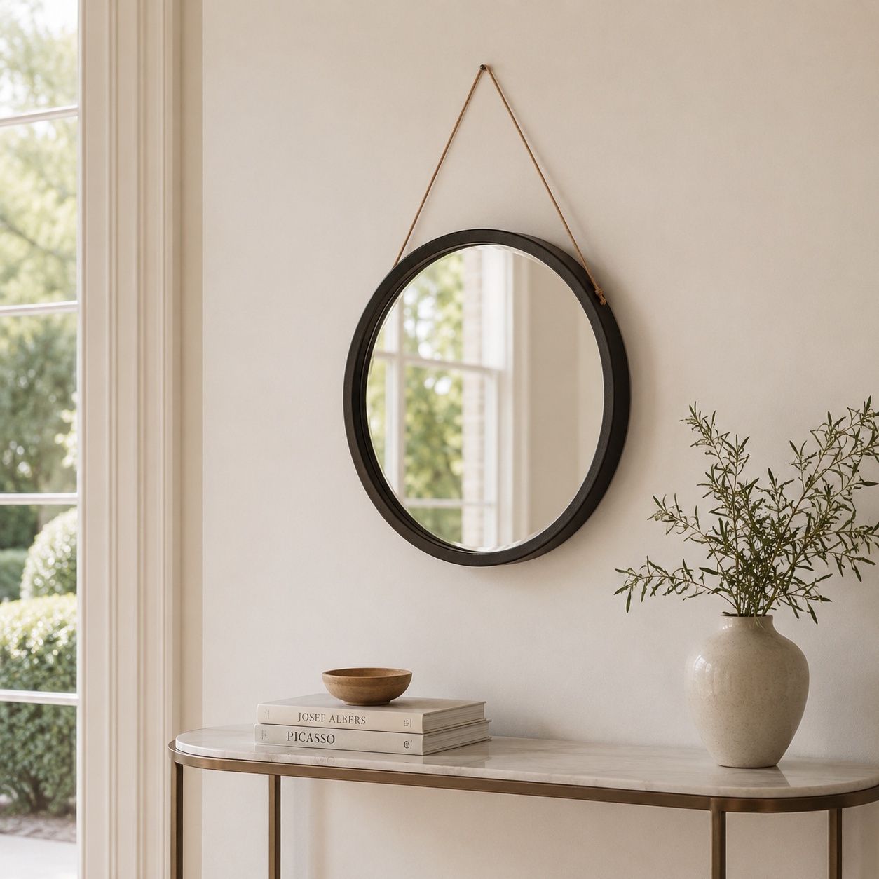 Italian 1970s Round Wall Mirror With Dark Leather Clad Frame By Fontana Arte photo vintage