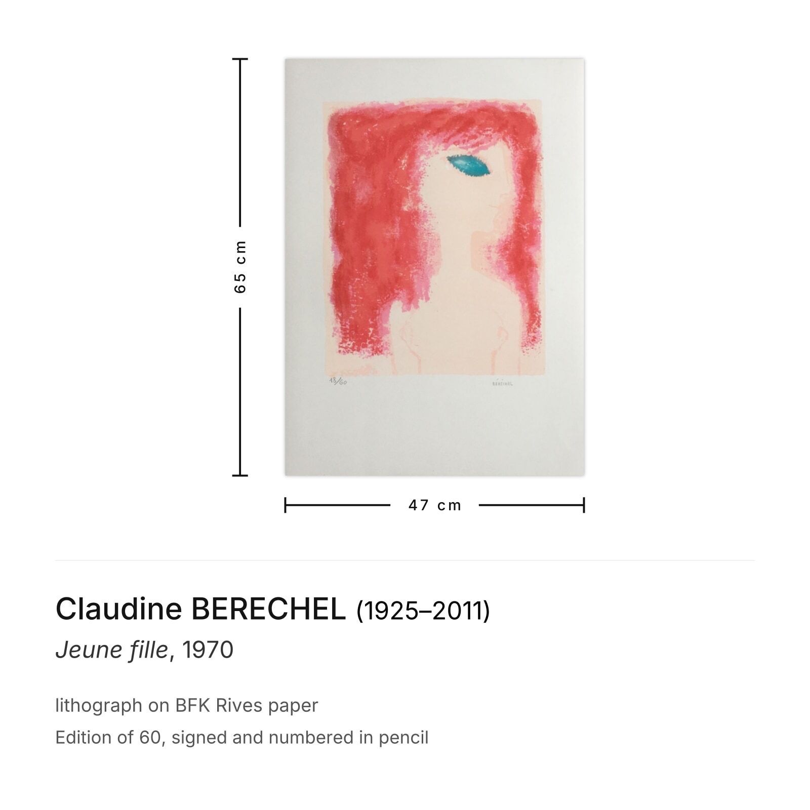 Claudine Berechel Gesigneerde Lithografie Jeune Fille 1970 photo furniture