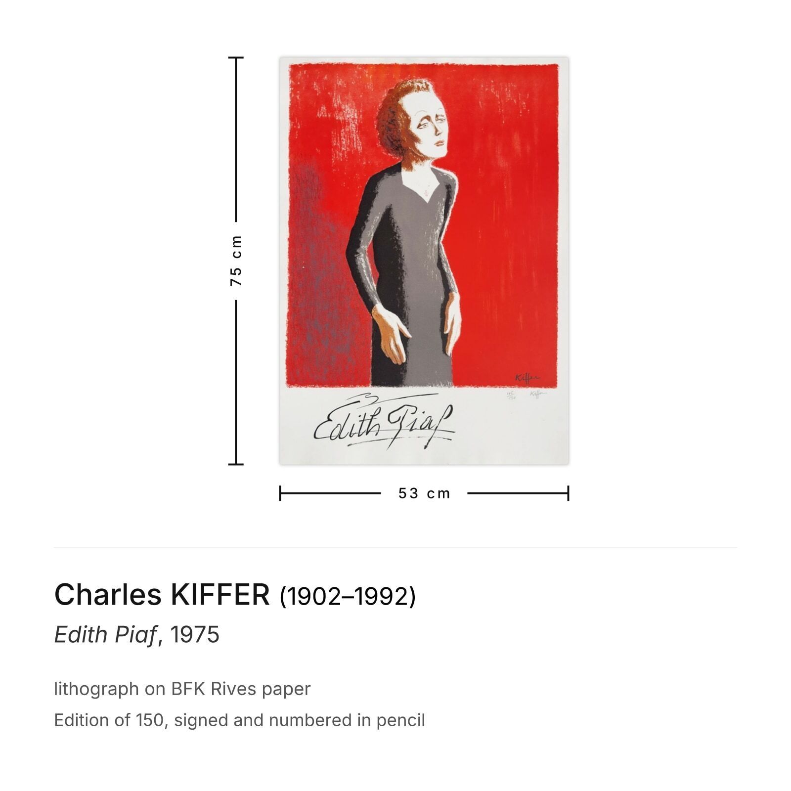 Charles Kiffer Signed Lithograph Edith Piaf 1975 photo furniture