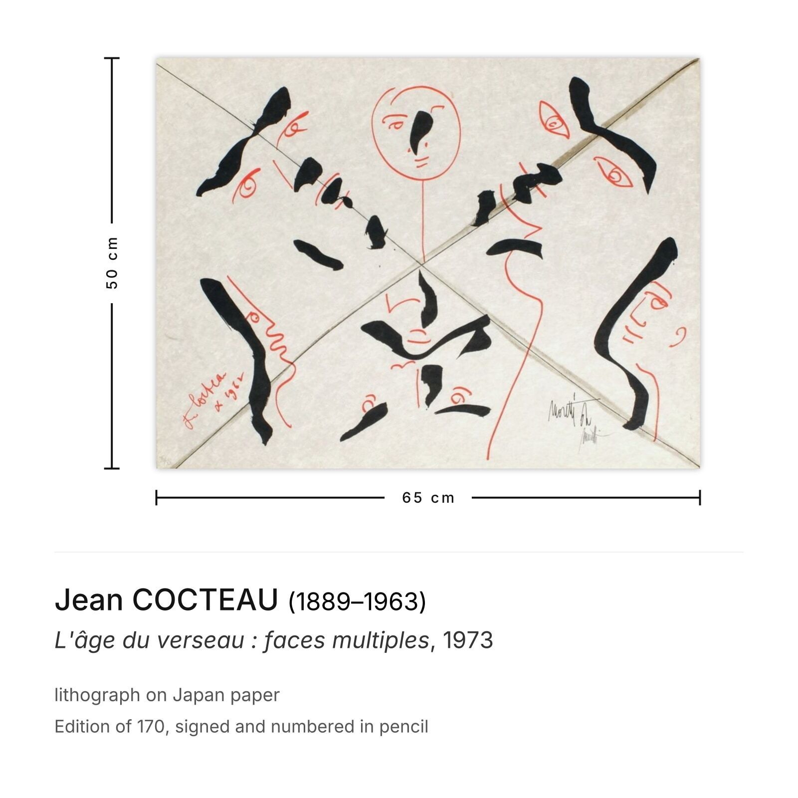Jean Cocteau Gesigneerde Lithografie L'âge Du Verseau : Faces Multiples 1973 photo furniture