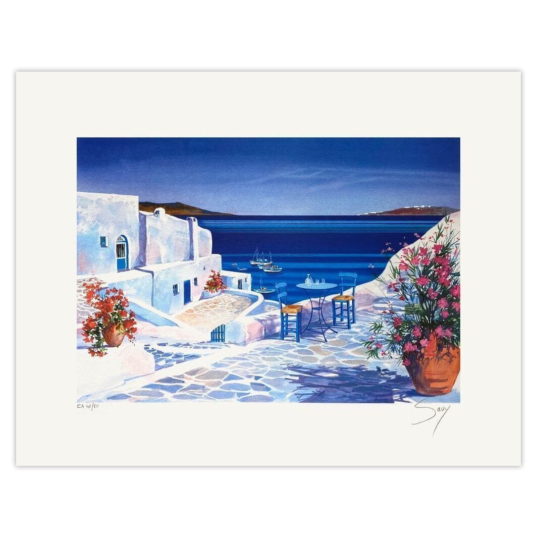 André Savy Alias Bongibault Gesigneerde Lithografie Grèce La Terrasse Sur La Mer 1995