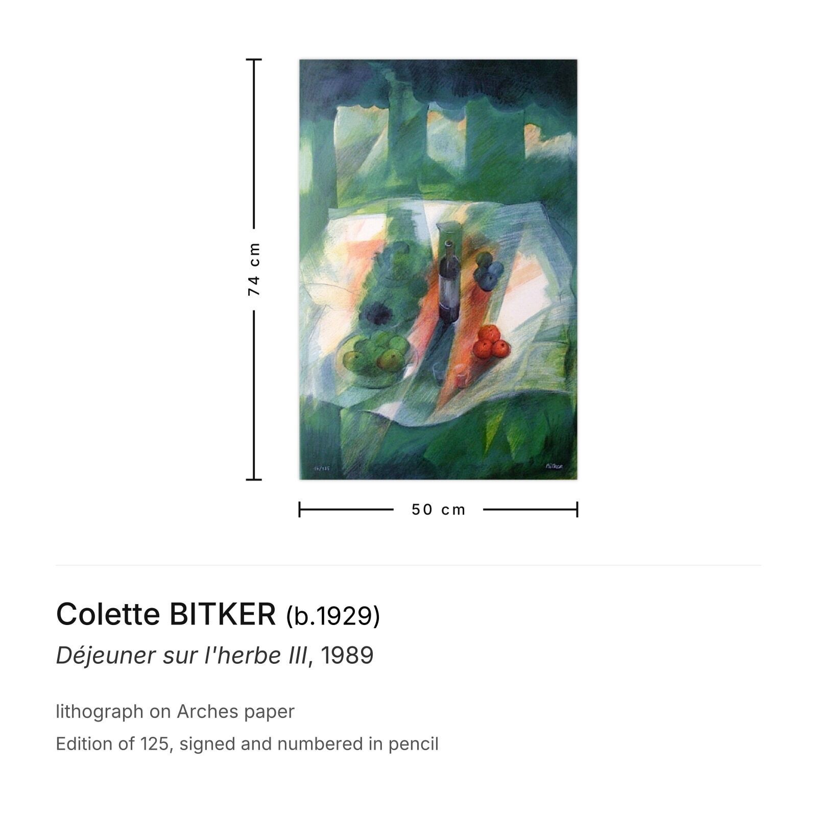 Colette Bitker Gesigneerde Lithografie Déjeuner Sur L'herbe III 1989 photo furniture