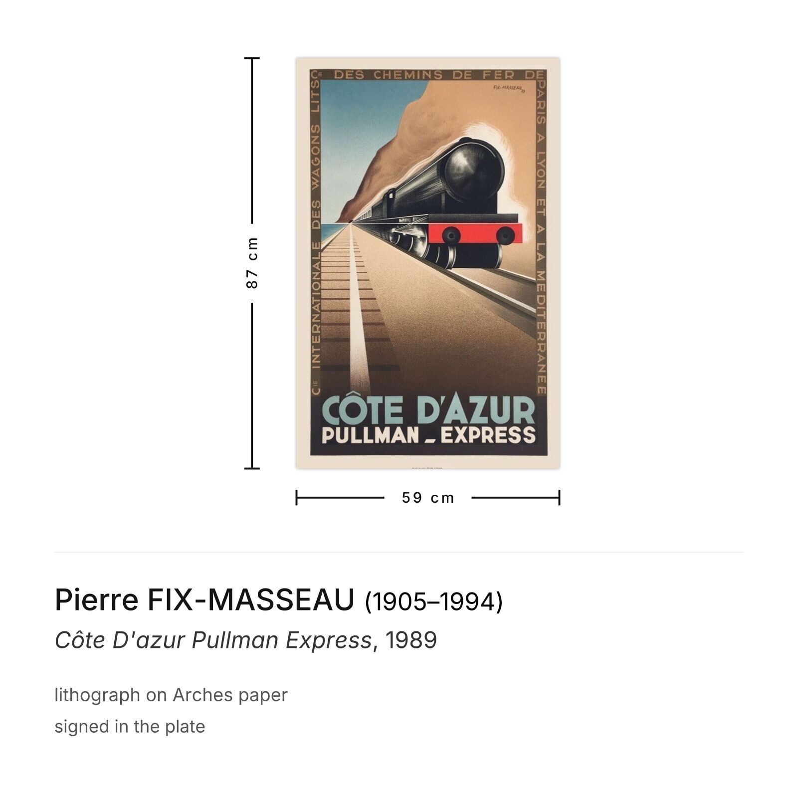 Pierre Fix Masseau Lithografie Côte D'azur Pullman Express 1989 photo furniture